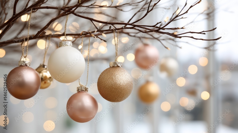 Fototapete Soft-focused detail of tree branches adorned with colorful baubles and string lights, creating a festive atmosphere perfect for holiday celebrations