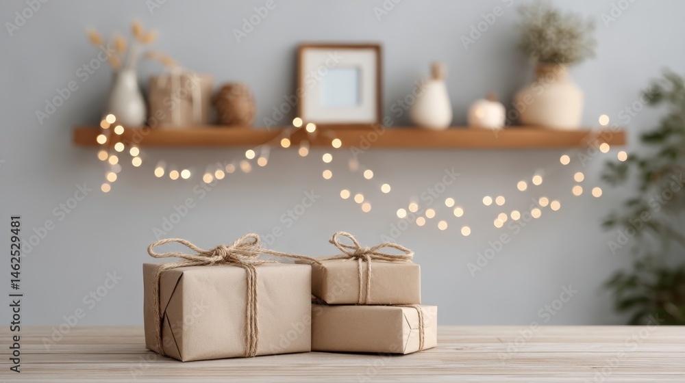 Poster gift boxes in kraft paper, tied with twine, are placed on a wooden table, illuminated by soft string