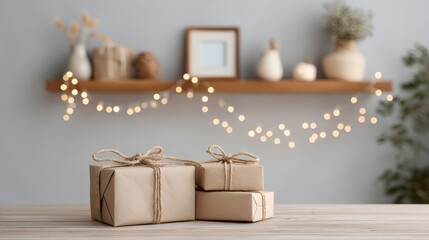 Gift boxes in kraft paper, tied with twine, are placed on a wooden table, illuminated by soft string lights in a warm, inviting interior setting