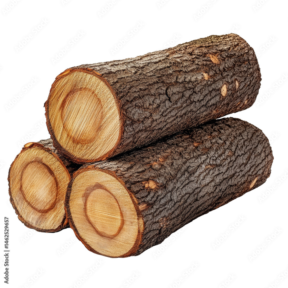 Poster isolated stack of rustic firewood logs, natural wood texture and circular patterns against a stark s