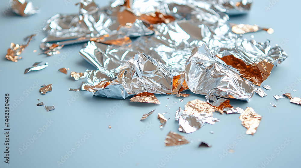 Poster close-up image of crumpled silver and gold foil on a light blue surface. ideal for abstract art back