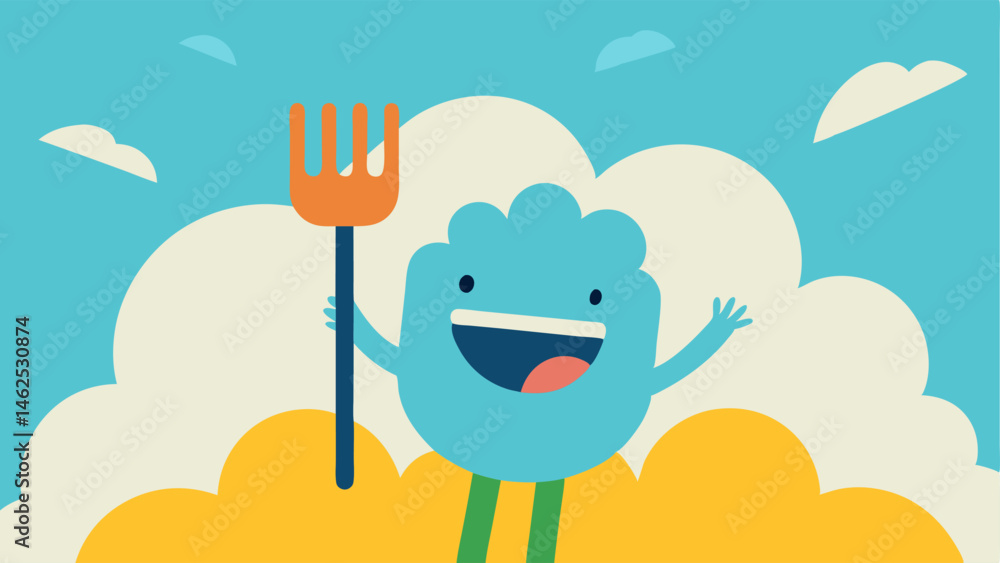 Poster fork and fluff the illustration depicts a cheerful character holding a colossal fork ready to take a