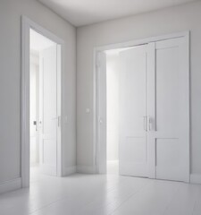 Clean white doors, open & closed, minimalist room ,  space,  contemporary