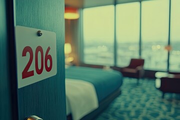 Hotel room door with number 206, glimpse inside. Modern, comfortable, and spacious with a view