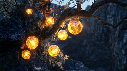 Illuminated orbs cluster on a weathered tree trunk.