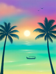 Fantasy Tropical Sunset with Palm Trees Silhouettes and Small Boat on Sea, Vibrant Gradient Sky in Summer Paradise Landscape, vector illustration