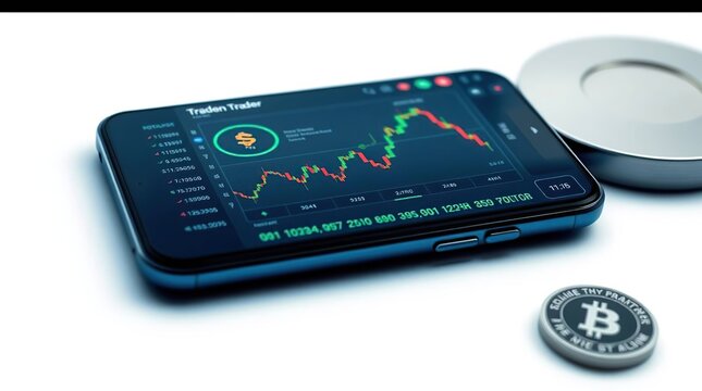 Digital currency trading app on a smartphone.  A stock chart displays fluctuating values