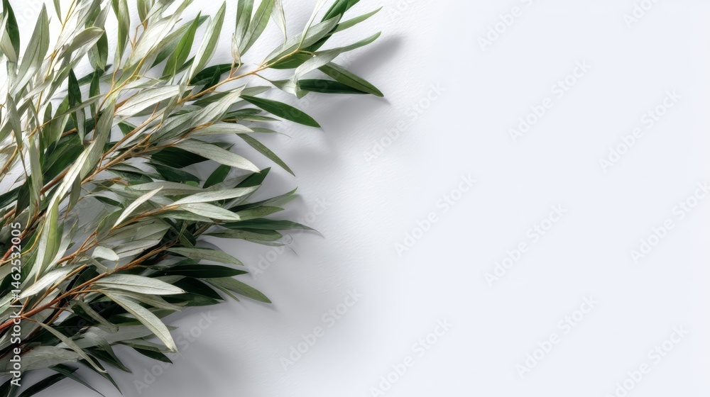 Leinwandbilder Delicate green twigs with slender leaves are creatively arranged on a pure white background, creating a serene and minimalist composition with soft shadows