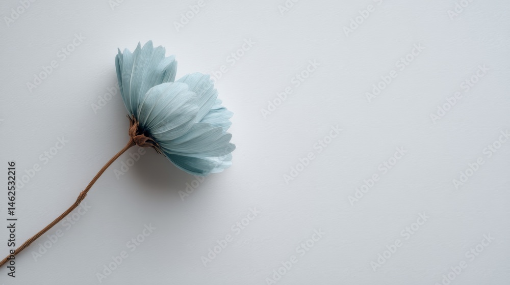 Poster a fragile preserved botanical specimen showcases soft blue petals and a slender stem, elegantly posi