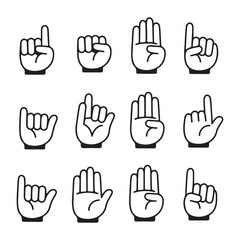 Obraz premium Black Cartoon Hand Gestures Silhouette Vector Set, Cartoon comic hands with different signs and symbols, Human arms in doodle style illustration 