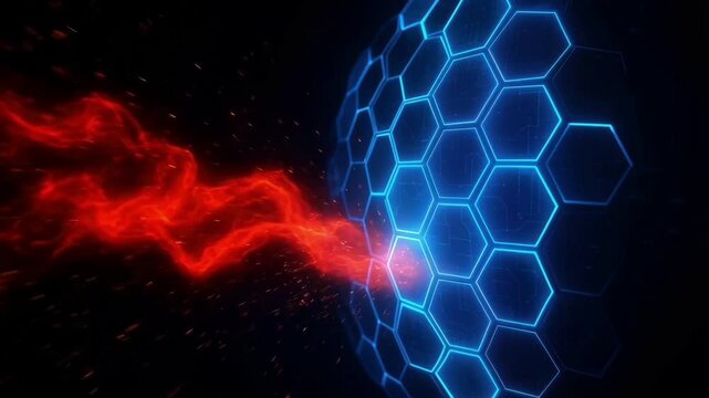 Glowing blue hexagon shield blocking red energy wave in dark space