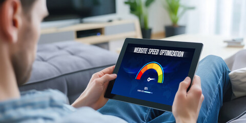 Computer software evaluating website loading speed. Concept of improving website loading speed brisk.