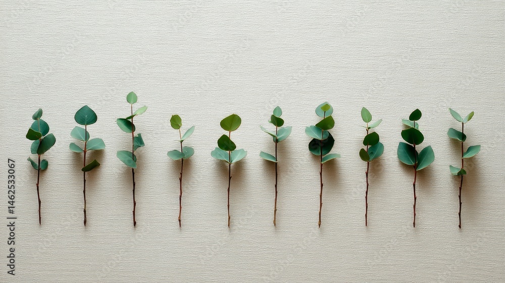 Aufkleber thin woody stems with rounded green leaves extend in various directions across a neutral textured ba
