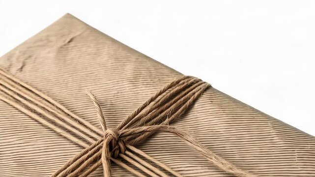 Brown wrapping paper with thin stripes tightly wrapped in twine, a parcel tied with rustic string on a white background ready for sending