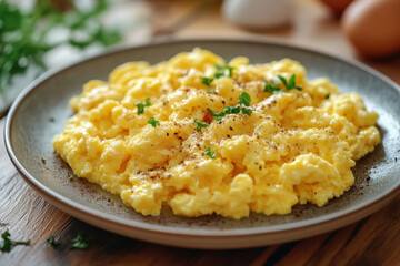 Scrambled eggs with parsley sprinkled on top, served in a white ceramic plate alongside crispy bacon strips and buttered toast, displayed on a wooden table.