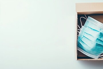 Light-blue face masks in a cardboard box