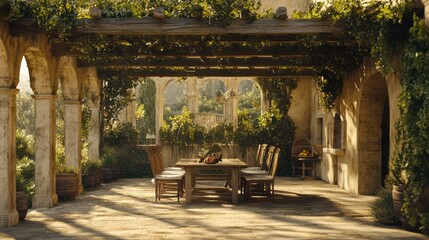 Mediterranean villa patio, dining setting, sunlit, scenic view, peaceful luxury