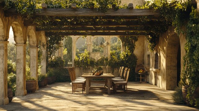 Mediterranean villa patio, dining setting, sunlit, scenic view, peaceful luxury