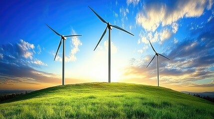 Three wind turbines stand on a grassy hill at sunset under a vibrant sky