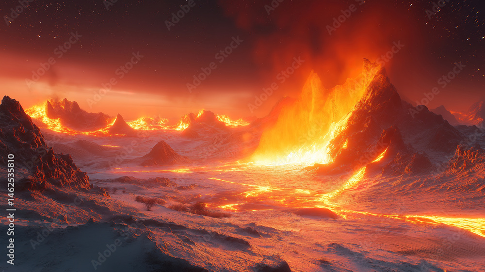 Poster fiery nebula casting its glow over a mysterious alien planet in a distant corner of the universe
