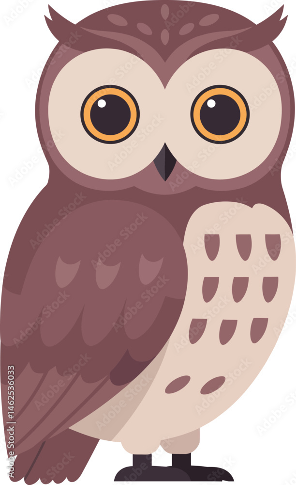 Poster owl vector illustration with brown and beige feathers standing on white background in simple flat de