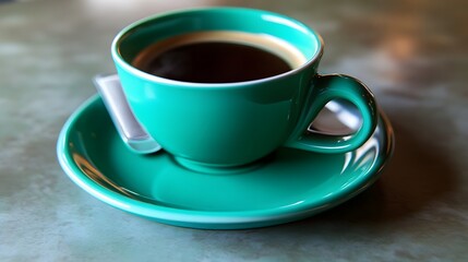 Teal Coffee Cup on Saucer Closeup Photography