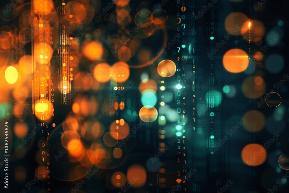 Poster abstract digital cascade: blurring lines of code and luminous orbs design
