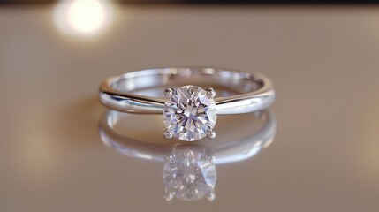Elegant solitaire diamond ring.  A single, round brilliant cut diamond sits atop a simple, sleek band