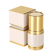Elegant gold and white cosmetic container with a matching box presents a sophisticated product packaging concept on a clean white backdrop for showcasing beauty items.