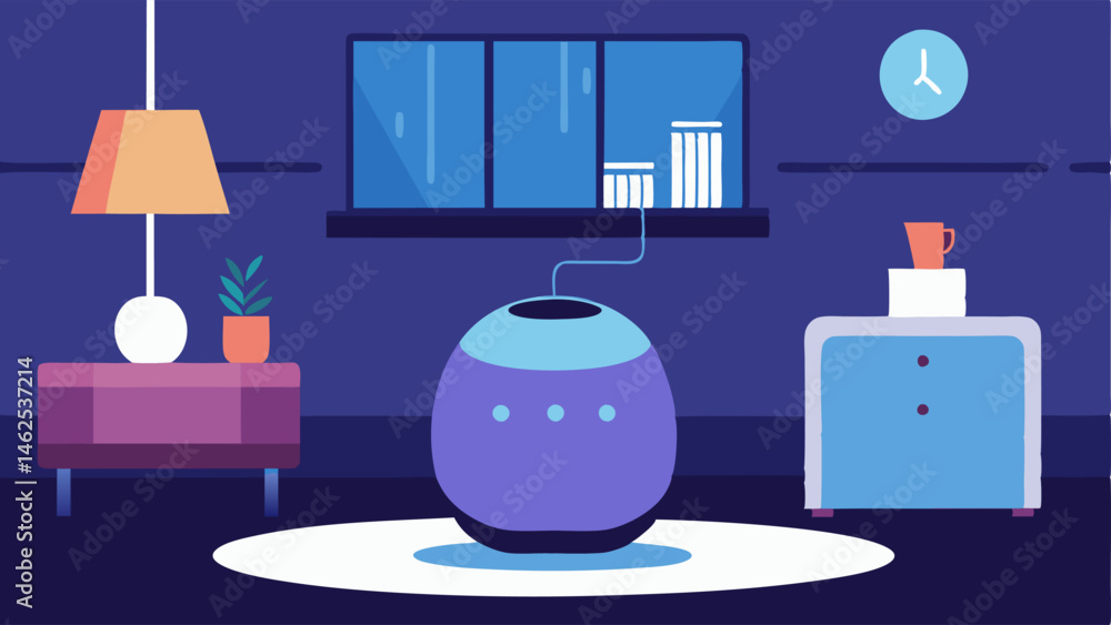 Poster smart home device a living room illustration with a smart home assistant device on a table showcasin