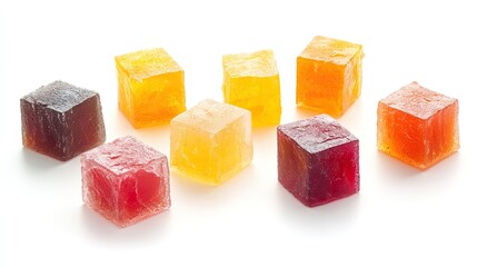 Colorful, square, fruit-flavored, jellied candies.  Assortment of translucent,  vibrant cubes.  Various shades of orange, yellow, red, and purple.  Each cube is a small square