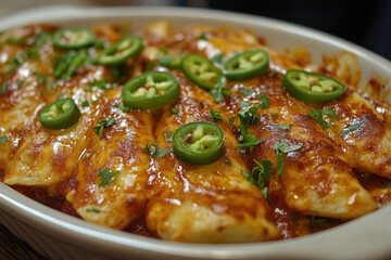 White bowl filled with food and green peppers.