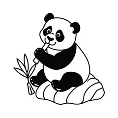 a cute panda munching bamboo while sitting vector art silhouette 
