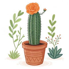 Cute Illustration of a Blooming Cactus in a Terracotta Pot with Surrounding Plants
