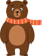 Obraz premium Brown bear wearing red and orange striped scarf cute standing animal illustration vector design 