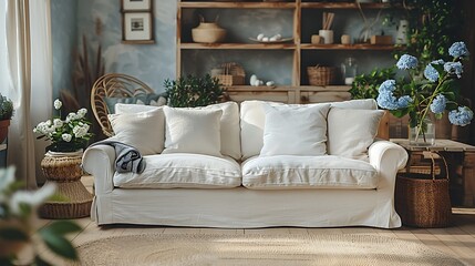 Obraz premium Natural woven decor and soft sofa high resolution picture