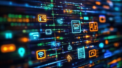 Abstract tech display with neon icons data transfer and digital networking concept