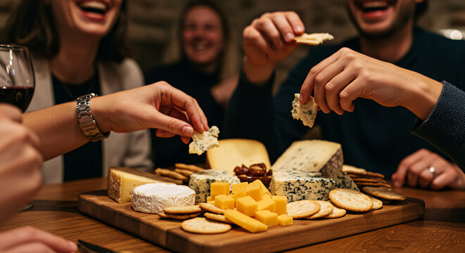 Cheese board and wine tasting party with friends gourmet cheese platter and crackers sharing food concept