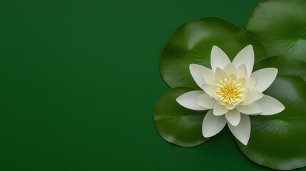 Elegant white water lily blossom with green lily pads and copy space on dark green backdrop