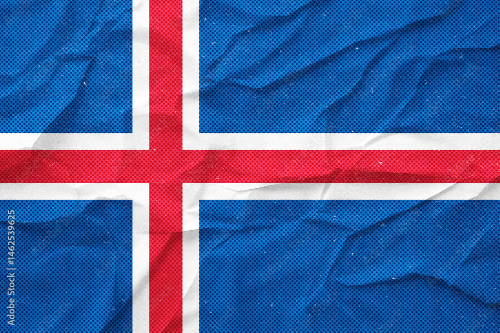 Poster abstract, visually striking iceland flag design with crumpled texture and halftone pattern effect.