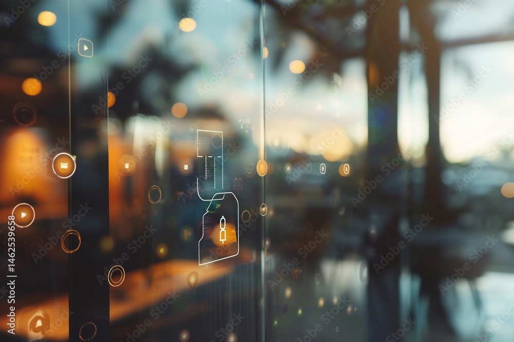 Poster abstract data security visual with lock and key integrated into cityscape