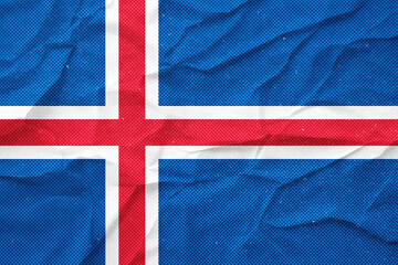 Abstract, visually striking Iceland flag design with crumpled texture and halftone pattern effect.