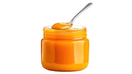 Glass jar of fresh orange puree with spoon on a white background studio shot