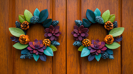 Two Autumn Wreaths on Rustic Wooden Door