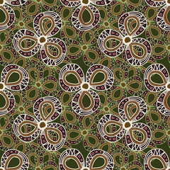 Seamless floral pattern, artistic ditsy print with vintage motif. Elegant botanical design with simple hand drawn plants: small white flowers, leaves on a black background. Vector illustration