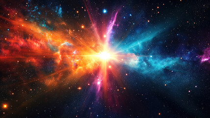 Cosmic nebula illuminated by a bright center surrounded by a blend of vibrant swirling colors