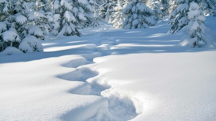 Snowy path through a winter forest