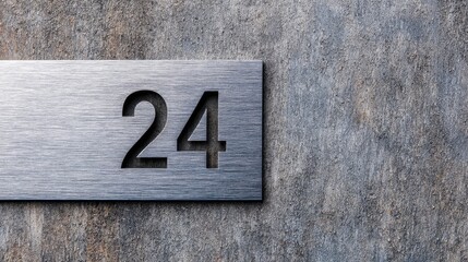 Close-up of a brushed metal plaque displaying the number 24 on a textured stone wall