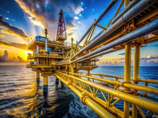 Offshore Oil Rig, Yellow Pipelines, Ocean Energy, Industrial Infrastructure, Technological Innovation, Petroleum Platform