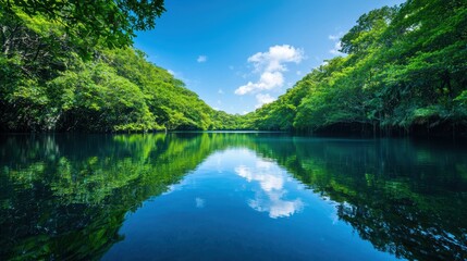 Obraz premium Water lagoon surrounded by lush vegetation reflecting the calm sky above
